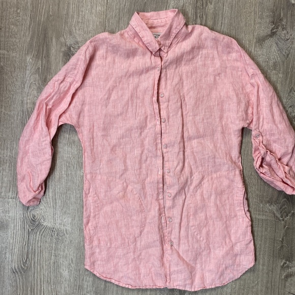 Chico's Womens Sz 0 Button Up Roll Sleeve Striped Linen Tunic  Pink Pockets - Picture 2 of 5